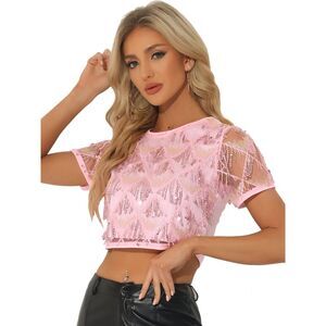 Sequin Shiny Glitter Crop Top Short Sleeves Party Tassel T-Shirt Light Pink